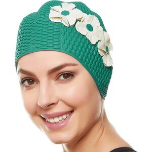 Beemo Latex Swimming Cap for Women Shield Hair from Damage - Green/White Flowers